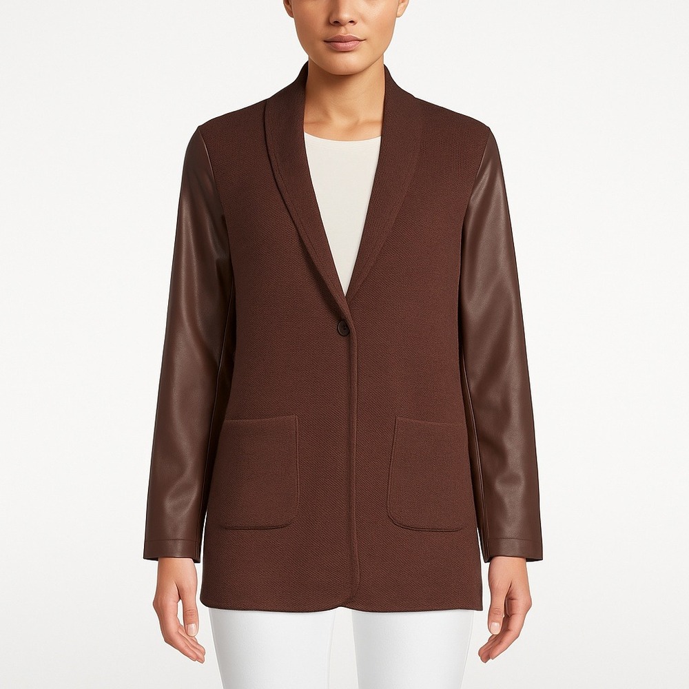 NWOT Area Stars Brown Blazer Faux Leather Sleeve Knit‎ Jacket Small